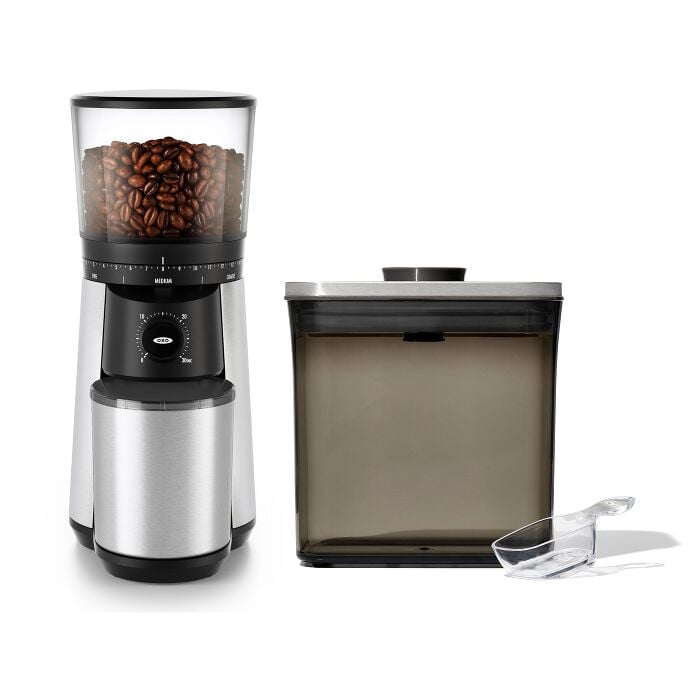 Conical Burr Coffee Grinder & Steel Coffee POP Container (1.7 Qt) with Scoop Bundle - US 8137