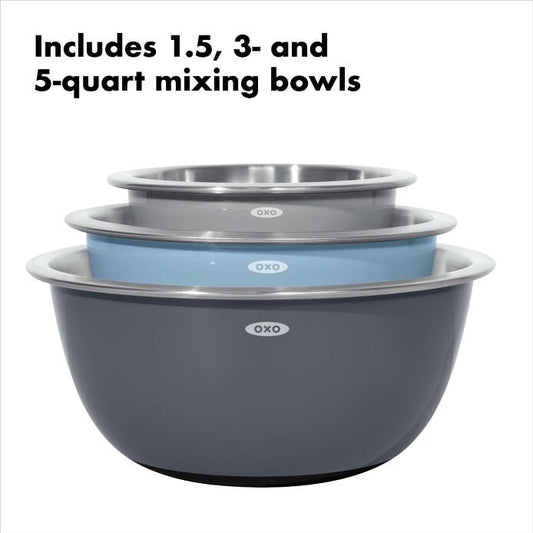 3-Piece Stainless Steel Mixing Bowl Set - Blue/Gray - US 0754